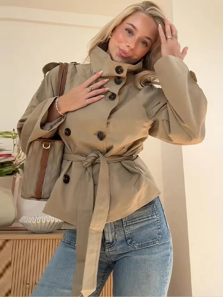 Casual Stand Collar Women Jacket with Belt Elegant New Long Sleeve Single Breasted Coats 2025 Autumn Lady Outerwear High Street