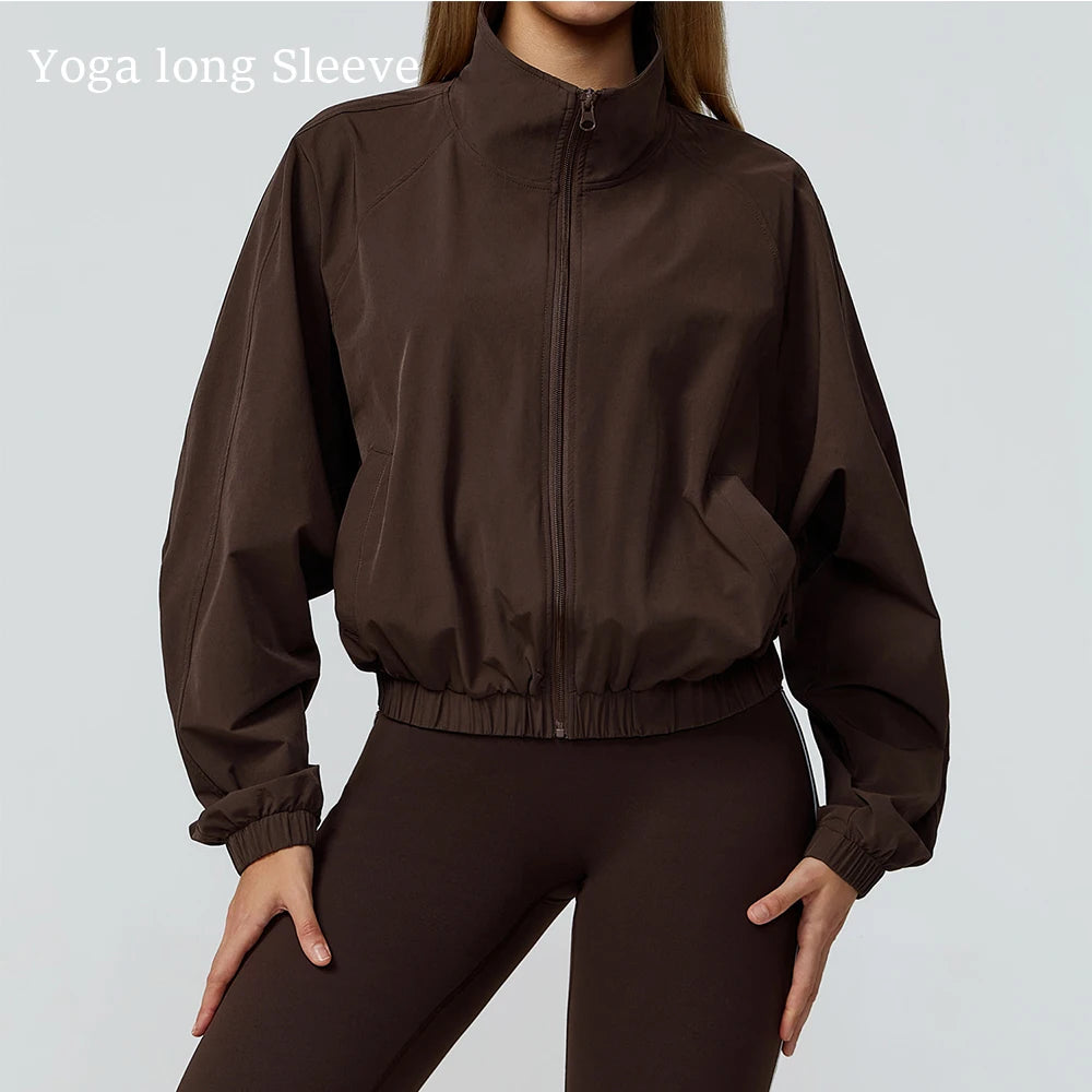Women Zipper and Pockets Yoga Long Sleeve Gym Fitness Jacket Female Running Workout Sports Tops Windproof Yoga Top Sportswear