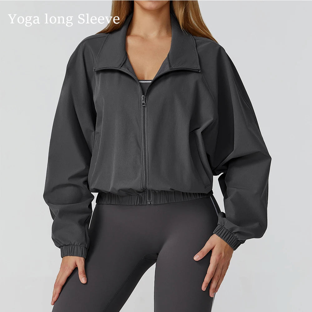 Women Zipper and Pockets Yoga Long Sleeve Gym Fitness Jacket Female Running Workout Sports Tops Windproof Yoga Top Sportswear