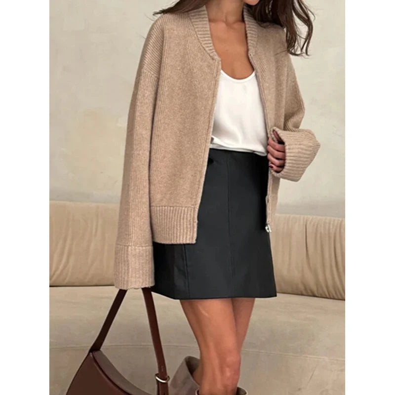 Knit Women Cardigan Casual Full Sleeve Zipper O Neck Pleated Solid Lady Sweater 2025 Autumn Fashion Female Knitwear