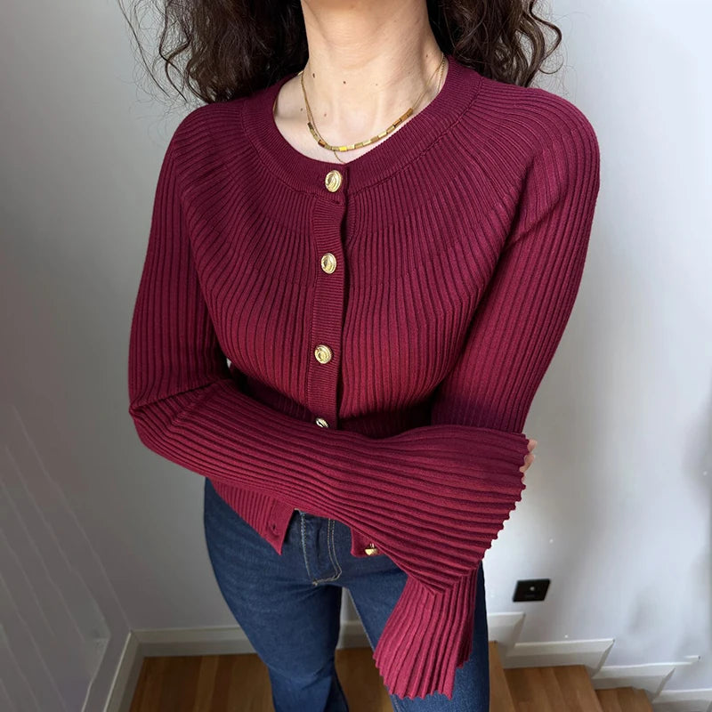 Tornova Long Sleeve Knitted Cardigan For Women Solid Rib Single Breasted Sweater Slim Fashion 2025 Autumn Winter Female Knit Top