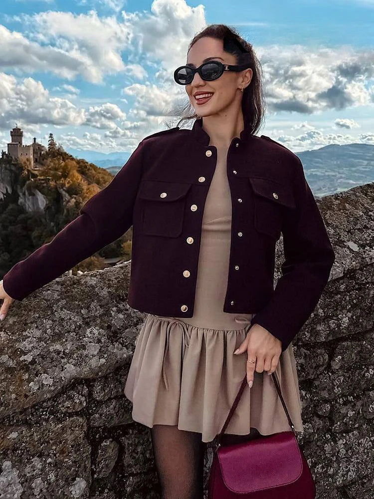 Women's Retro Wine Red Cropped Jacket Stand Collar Long Sleeve Buttoned Epaulettes Patch Pocket Coat Fall Winter New Jacket