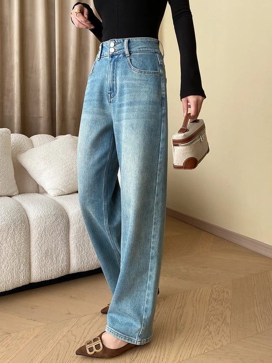THEME 21 Women's Cotton High-Waisted Straight-Leg Jeans 2025 Fall/Winter New Fashion Casual Slimming Wide-Leg Pants Hot Sales